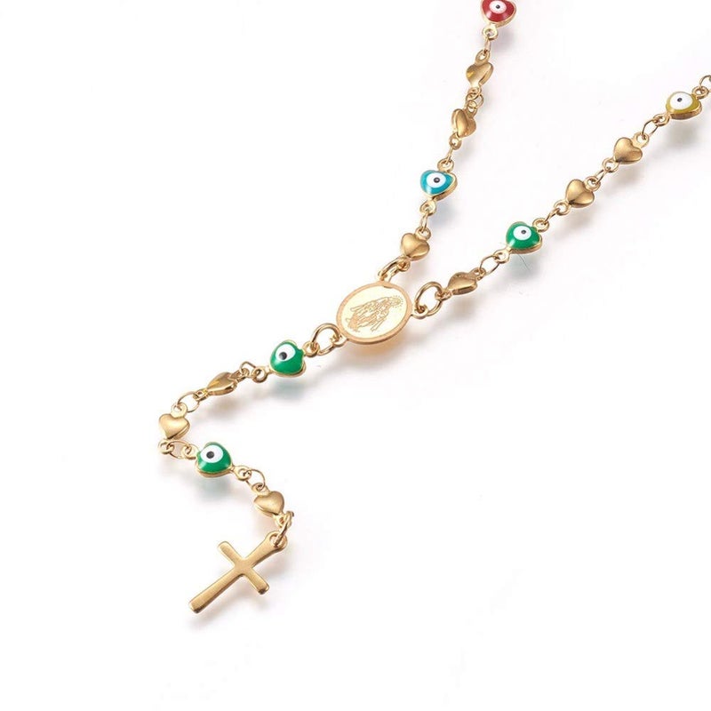 LZD Stainless Steel Rosary Bead Necklace Enamel Evil Eye Virgin Mary Cross 18" P31 (Heart/Evil Eye(18 Inches)) - Image 2